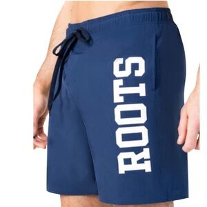 ROOTS Mens Graphic Logo Swim Shorts Navy Blue Mesh Lined Pockets Draw String L